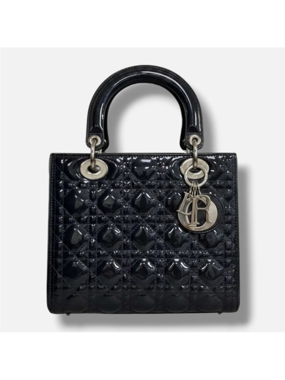 Black Patent Quilted Top-Handle Tote with Silver Charm